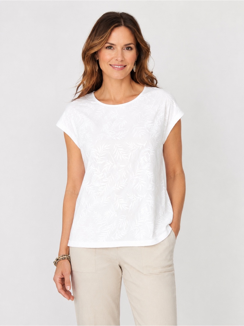 Chico’s Women’s White Textured Leaf Double Layer Short Sleeve Top Size 2/XL